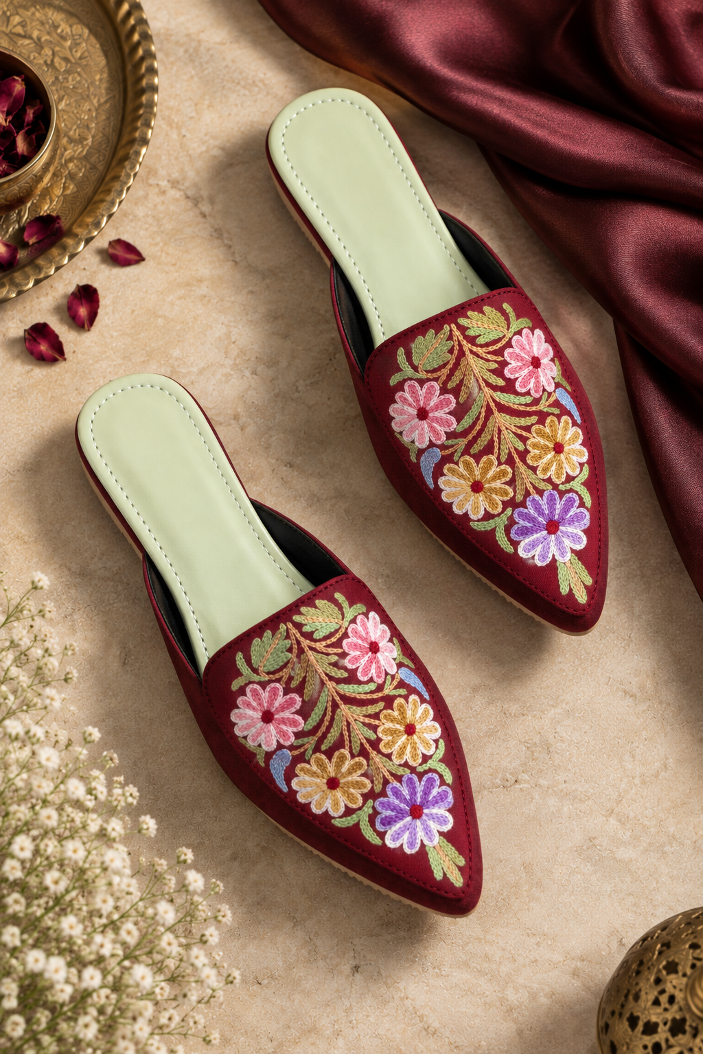 Maroon Floral Aari Mules