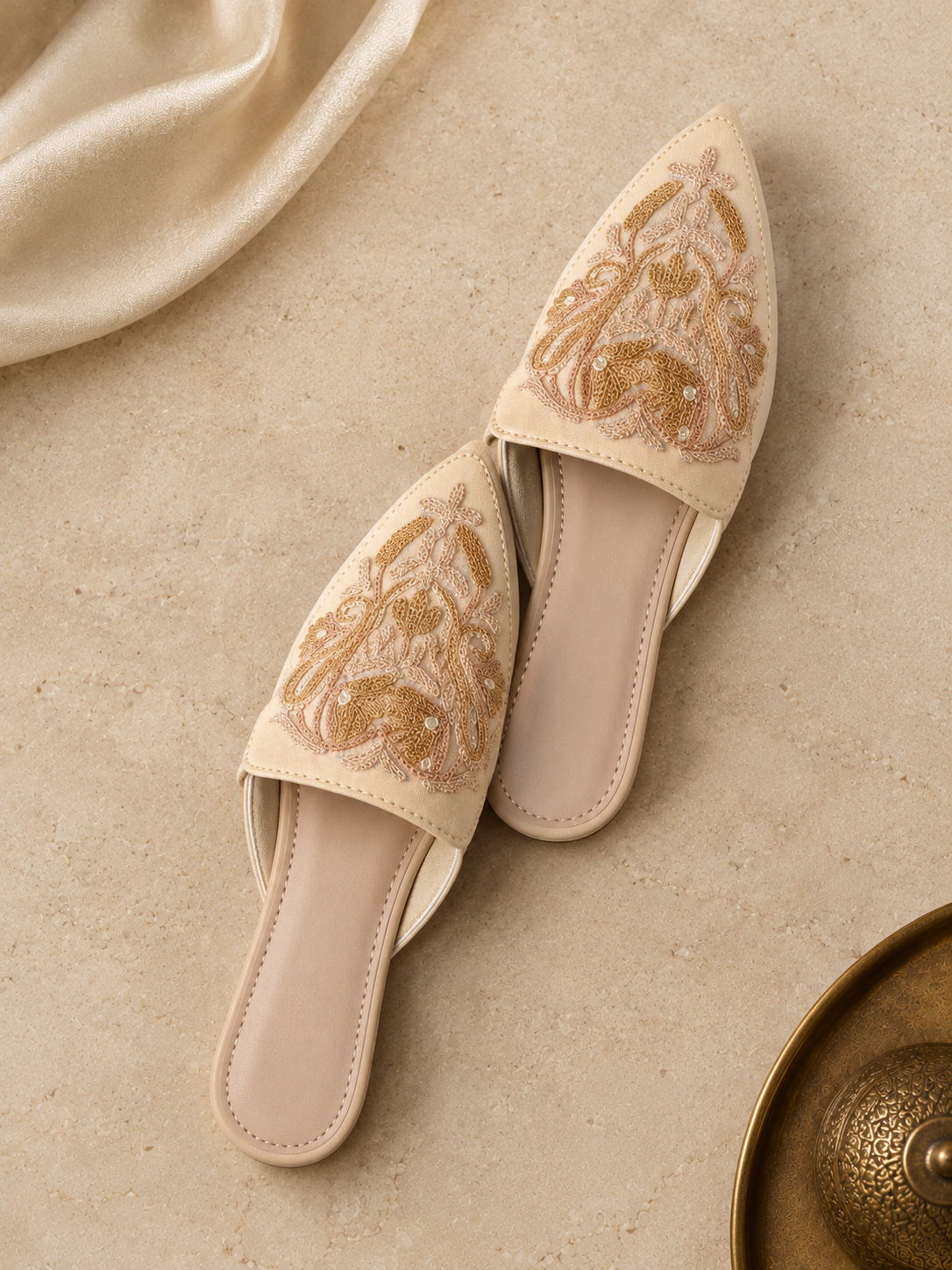 Beige Floral Aari Mules
