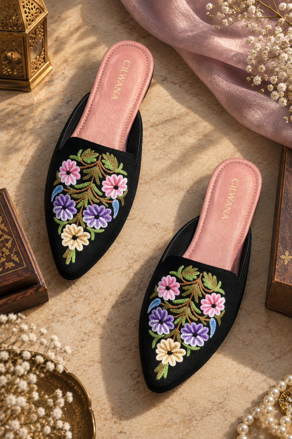 Black Floral Aari Mules