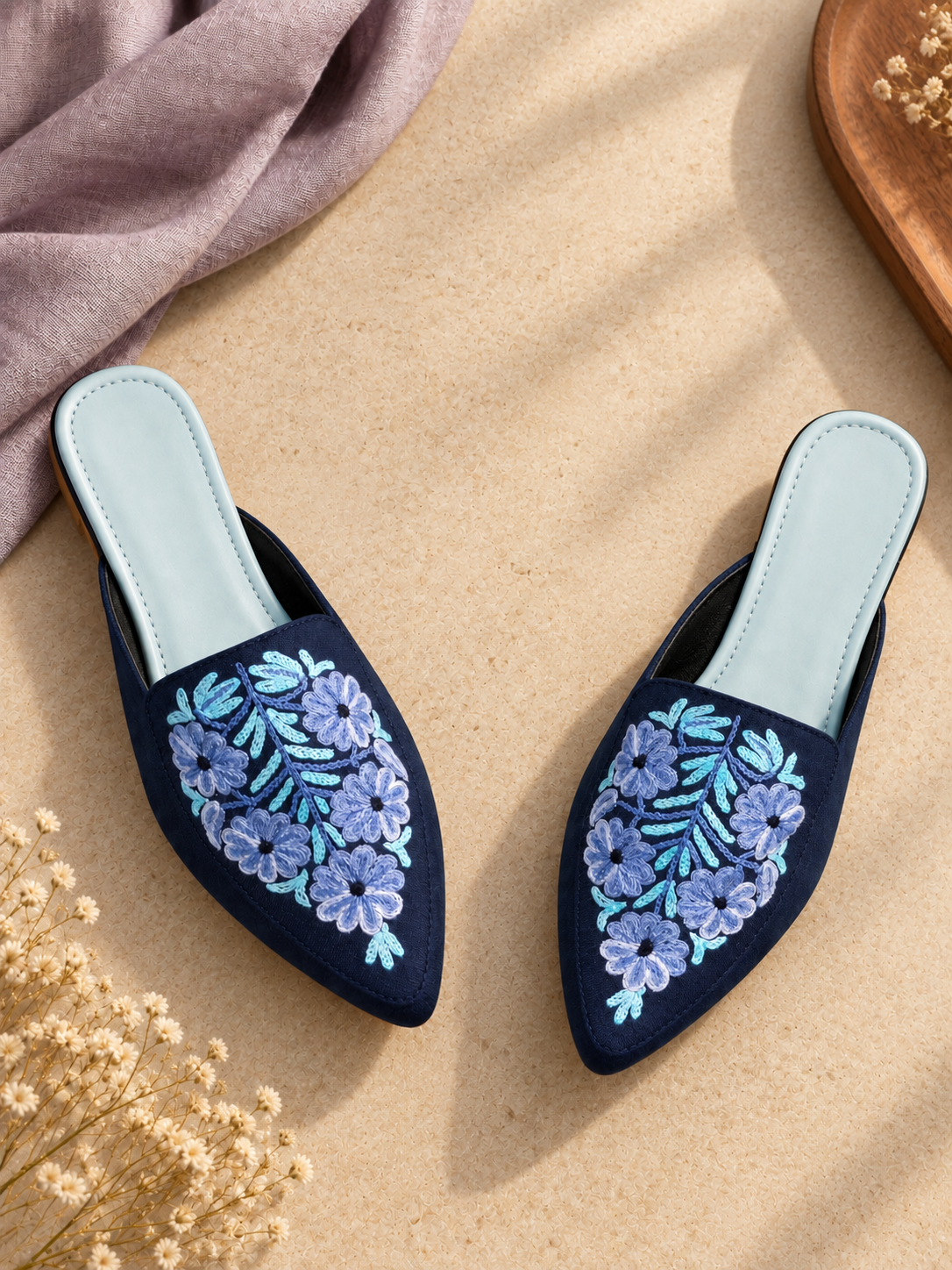 Blue Floral Aari Mules
